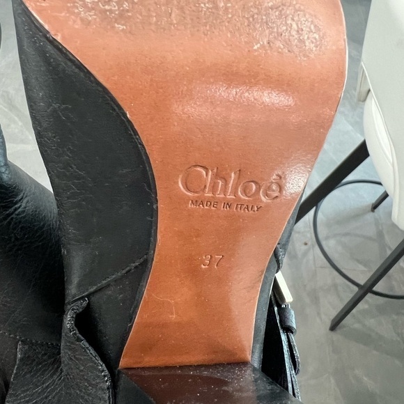 CHLOE mid calf black embossed leather round toe block heel moto boots size 37 - Picture 4 of 12